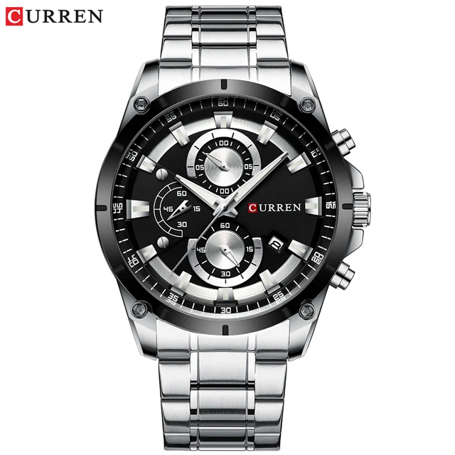 silver-black Мужские часы Curren от ведущего бренда, роскошные мужские наручные часы с хронографом, кварцевые спортивные часы синего золота для мужчин - Цвет: silver-black