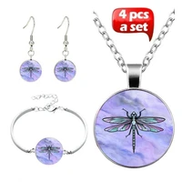 dragonfly art photo jewelry set cabochon glass pendant necklace earring bracelet totally 4 pcs for womens girl fashion gifts