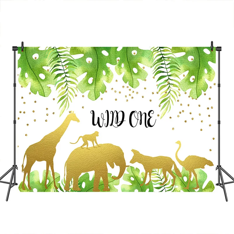 

Mocsicka Baby Shower Backdrop Wild One Jungle Gold Animal Photographic Background Customized Photographic Backdrops for Photo