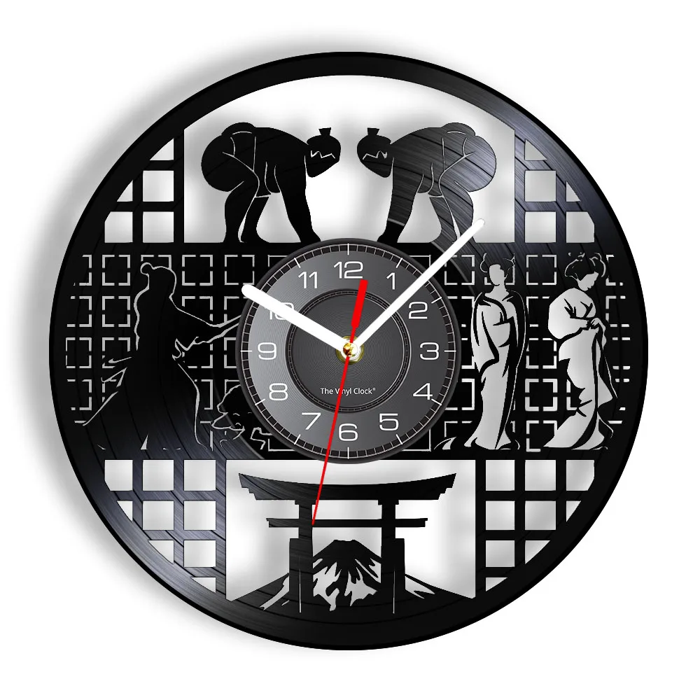 Japan Sumo Warrior Bushido Inspired Vinyl Record Wall Clock Japanese Geisha Themed Fujiyama Wall Art Ablum Longplay Wall Clock