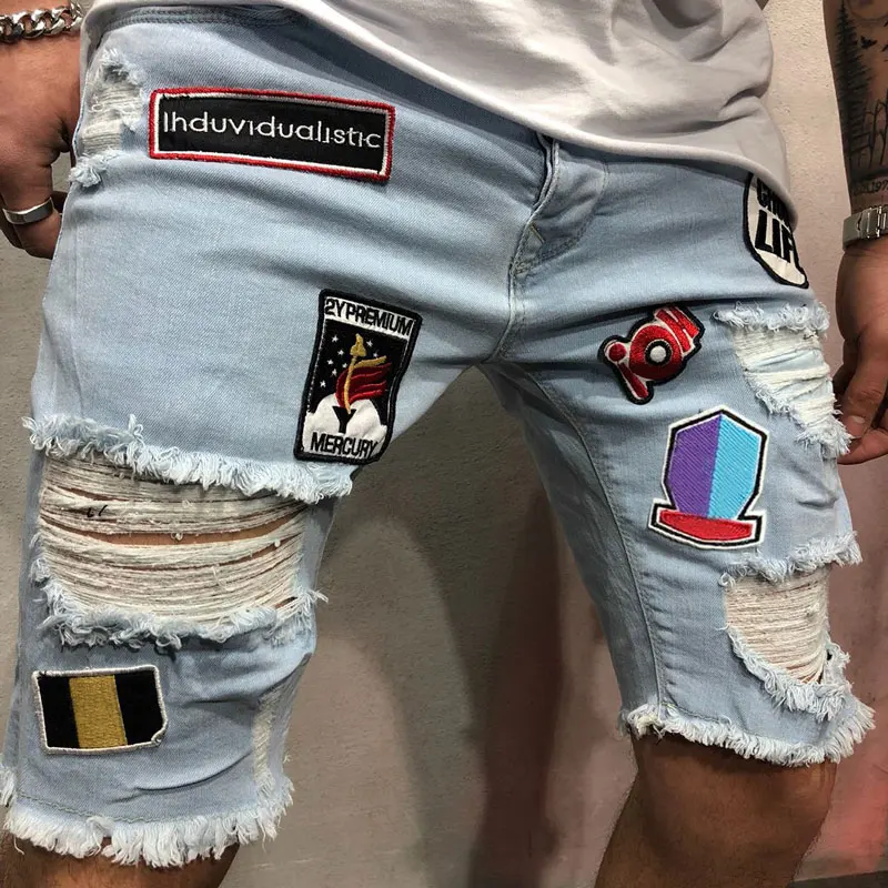 Summer Men Stretchy Ripped Skinny Biker Embroidery Print Jeans Shorts Destroyed Hole Taped Slim Fit High Quality Denim Shorts