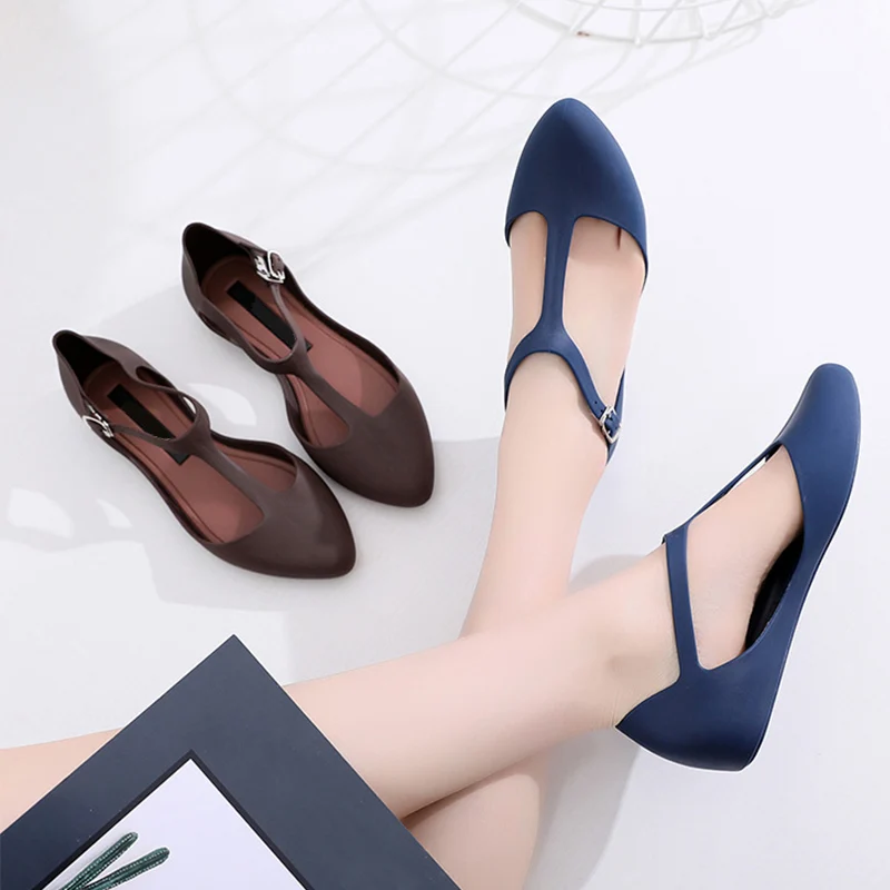 

Women Flat Shoes Ballet Flats Jelly Shoes Summer Female T-Strap Point Toe Sandals Shallow Buckle Strap Comfort Ladies Footwear