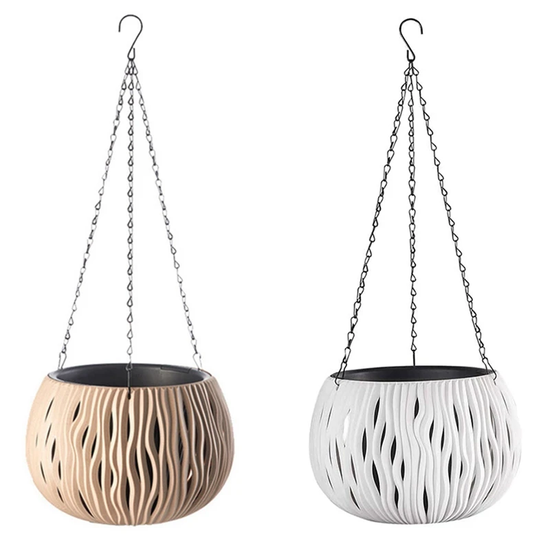

Hanging Flower Pot With Drainage Hole And Chain For Home Garden And Yard Plant Decoration,Light Coffee & White2 Pcs