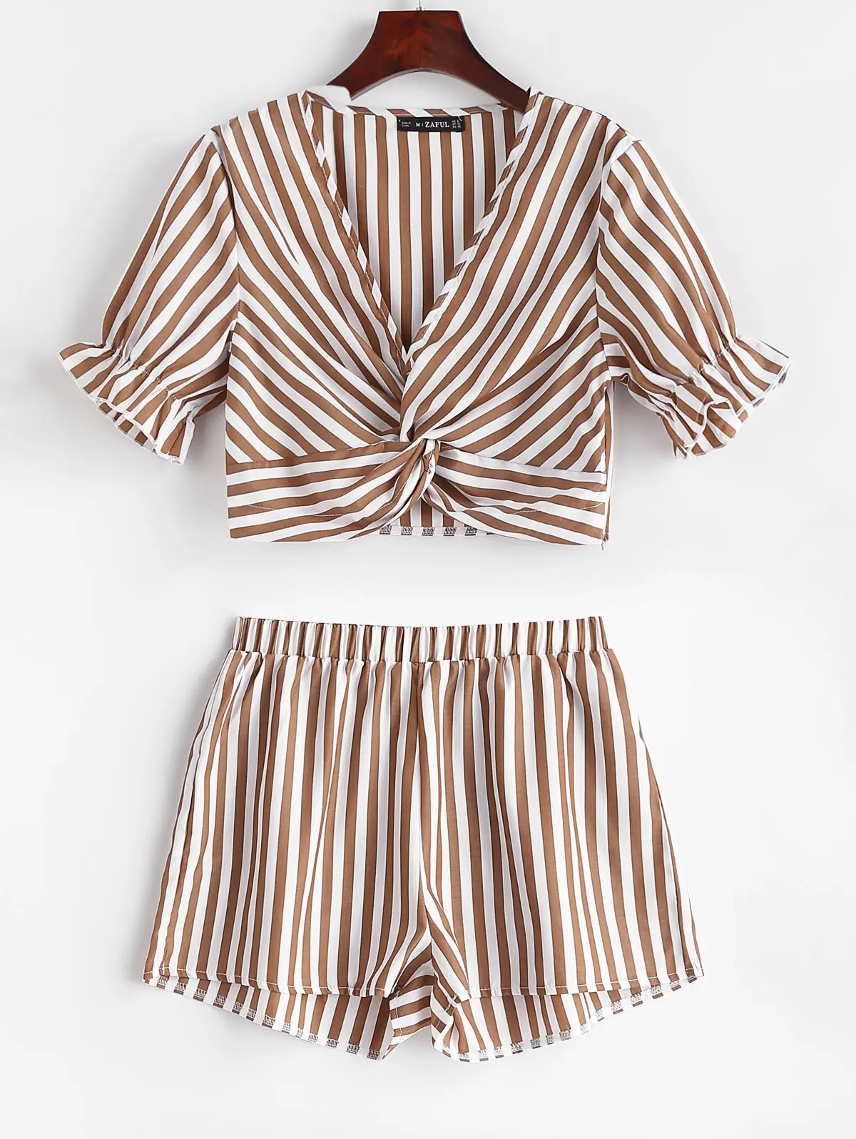 

ZAFUL Women Sets Twist Front V Neck Short Sleeve Striped Crop Top Elastic Waist Shorts Set Summer Two-Piece Suit Boho Clothing