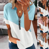summer contrast print v neck top vintage zipper short sleeve shirt women fashion loose pullover t shirt casual streetwear tshirt