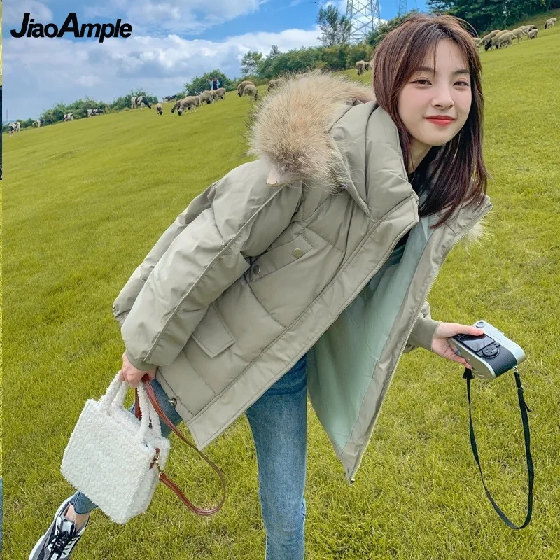 2021 Women Winter Warm Fur Hooded Down Jacket Korean Student Loose Solid Zipper Overcoats Lady Joker Cotton Coats Pink Outerwear