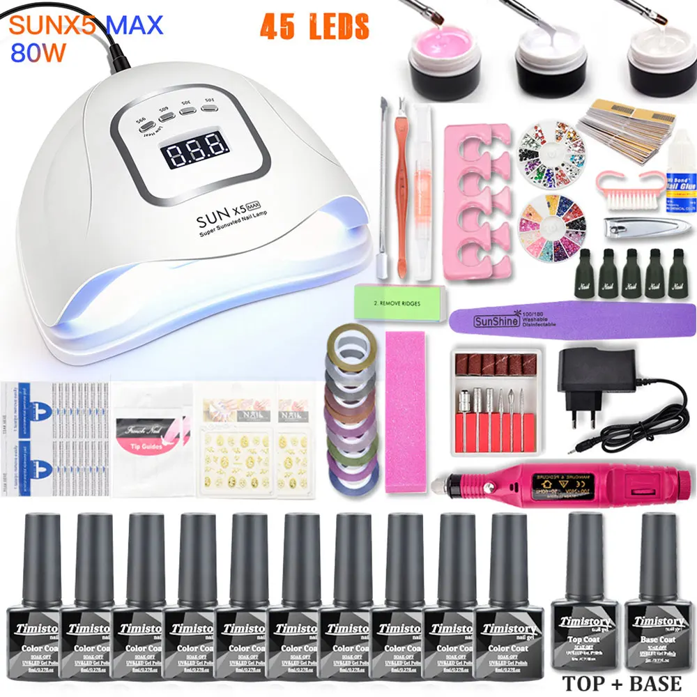 80W sunx5 max set Маникюрный набор УФ светодиодный светильник Сушилка отмачиваемый гель лак для ногтей набор маникюрных инструментов 10 шт. Набор для гелевого маникюра электрическая дрель для ногтей - Цвет: 80W sunx5 max set