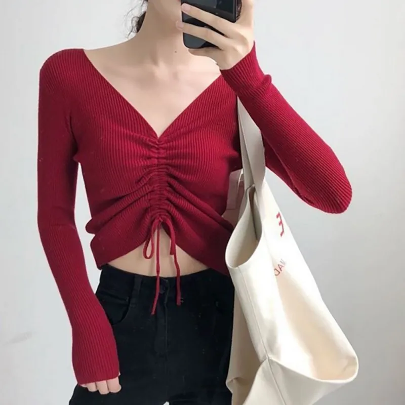 

Sweater women Sexy lace up knitting slim pullover Tops autumn winter Chic pink V-neck knit Sweaters femme