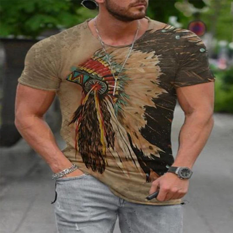 

2021 Summer Khaki Casual Round Neck Abstract Tops Men's Clothing Pullover Short Sleeve Oversized T Shirt