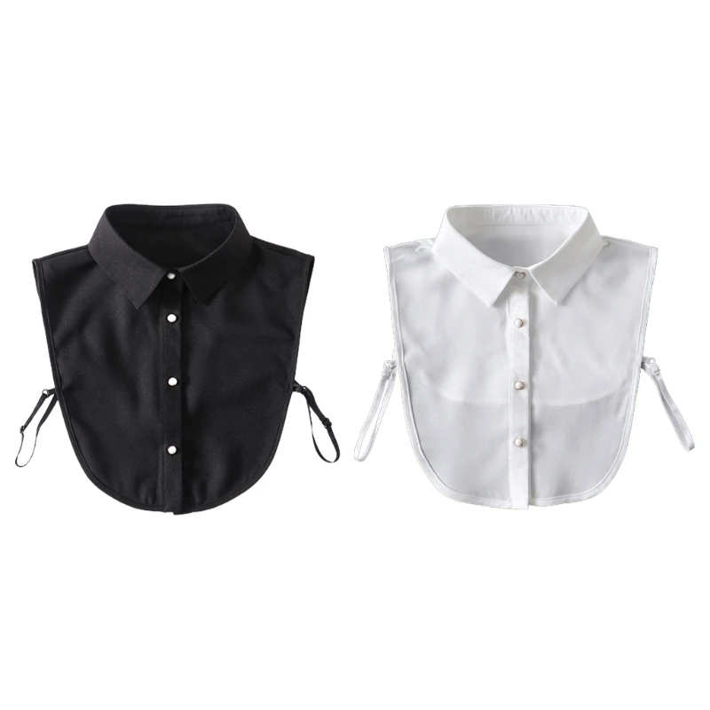 

896E Women Business Lapel False Collar Solid Color Detachable Dickey Blouse Imitation Pearl Button Down Decorative Half Shirt