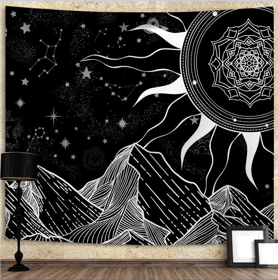 Black white mandala tarot card playa Tapestry Sun Moon Fabric Wall Hanging Blanket Living Room 230cm tapisserie bedroom Decor | Дом и сад
