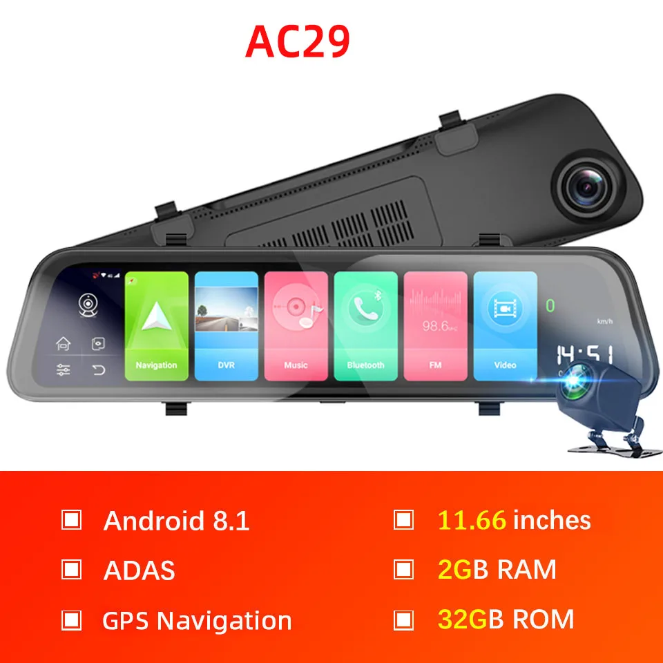 AC29 Bluavido 4G Android 11,6" Сенсорное автомобильное зеркало видео видеорегистратор gps навигатор ADAS FHD 1080P двойная камера зеркало заднего вида DVR рекордер - Название цвета: AC29