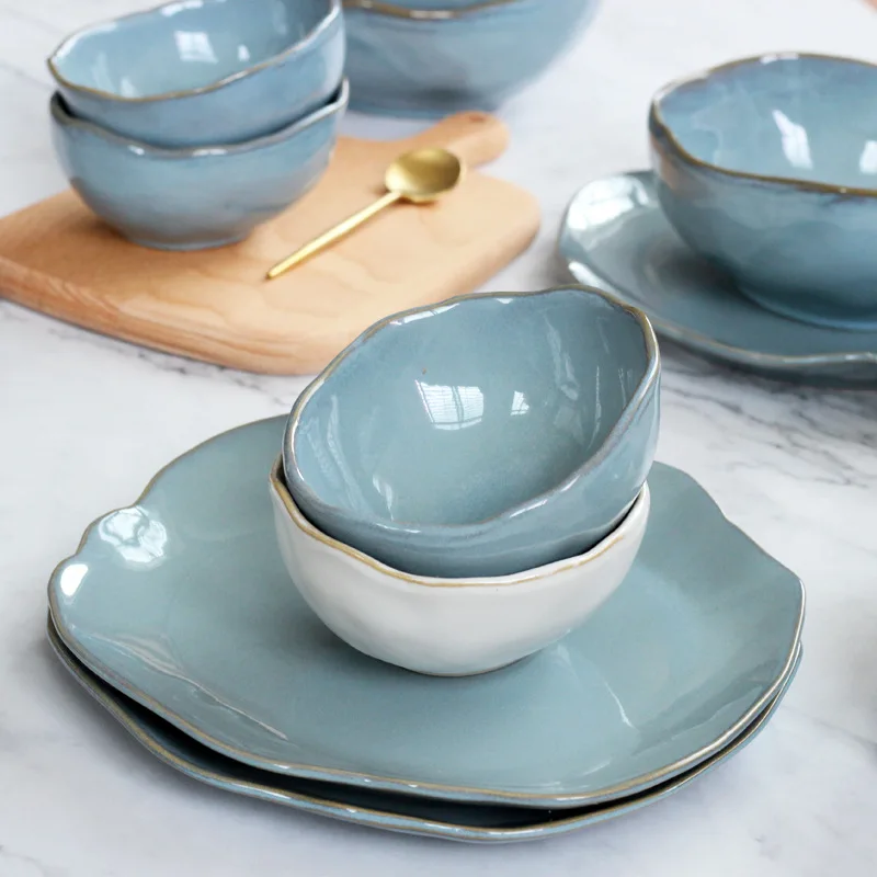 

Nordic Creative Ceramic Tableware Irregular Fruit Salad Bowl Hotel Restaurant Western Food Plate Sea Blue Ceramic Dinner Set