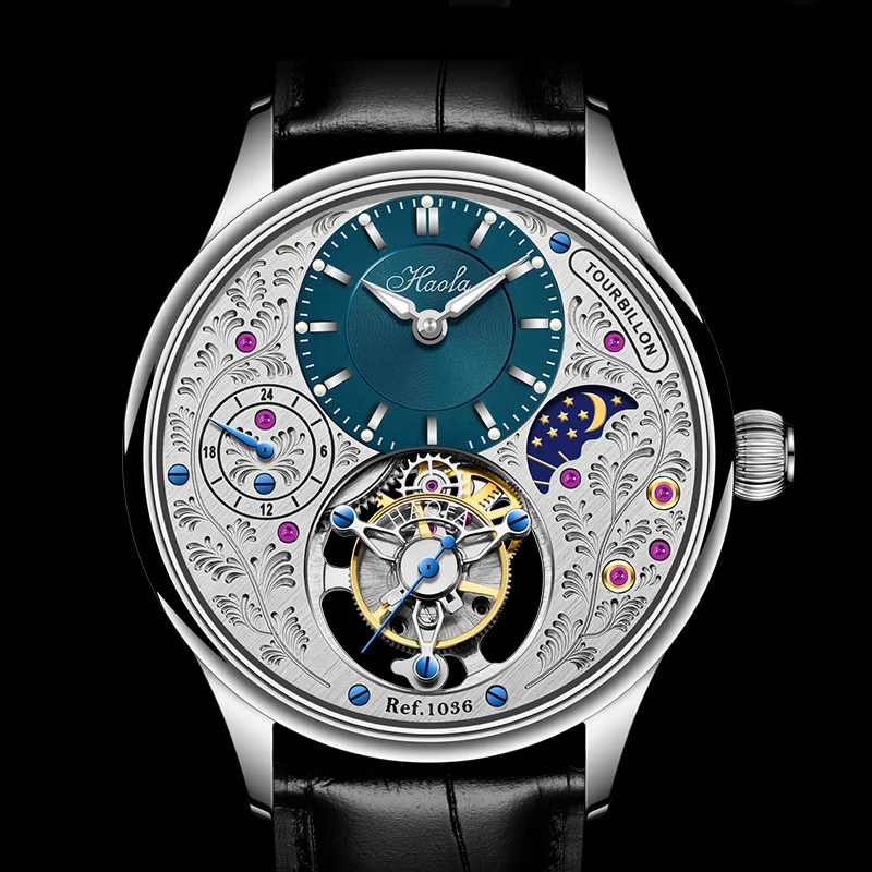 

Top Brand Tourbillon Watch HAOFA Men's Wrist Watch Mechanical Movement Sapphire Skeleton GMT Moonphase Carved Dial Waterproof