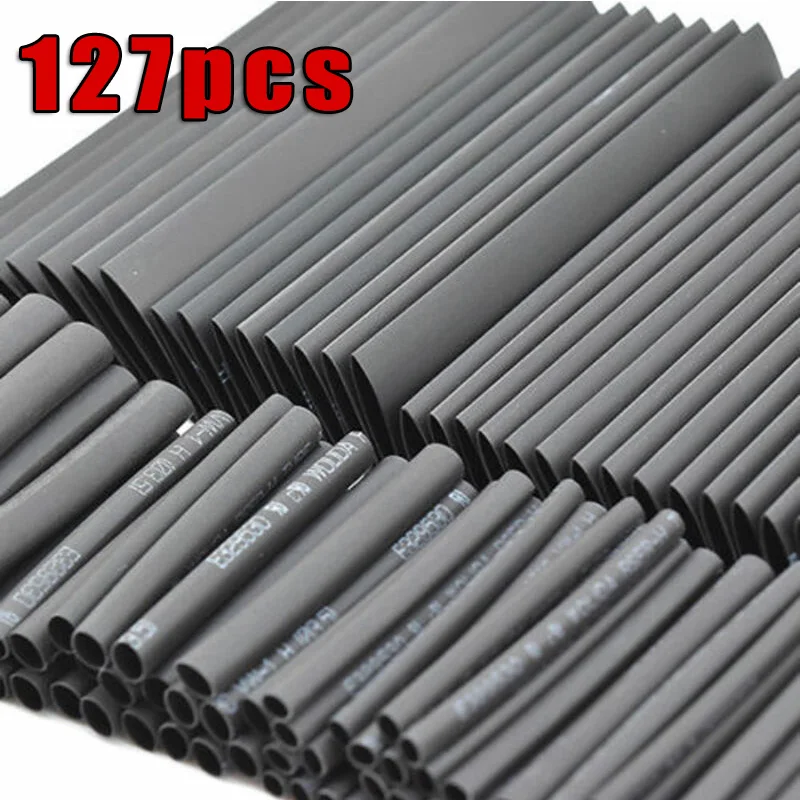 

127pcs Polyolefin Black Heat Shrink Sleeving Tubing Weatherproof Assortment Kit