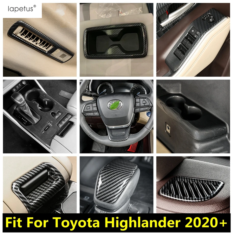 

For Toyota Highlander 2020 2021 2022 Carbon Fiber Accessories Window Lift Steering Wheel Gear Water Cup Holder Air AC Cover Trim
