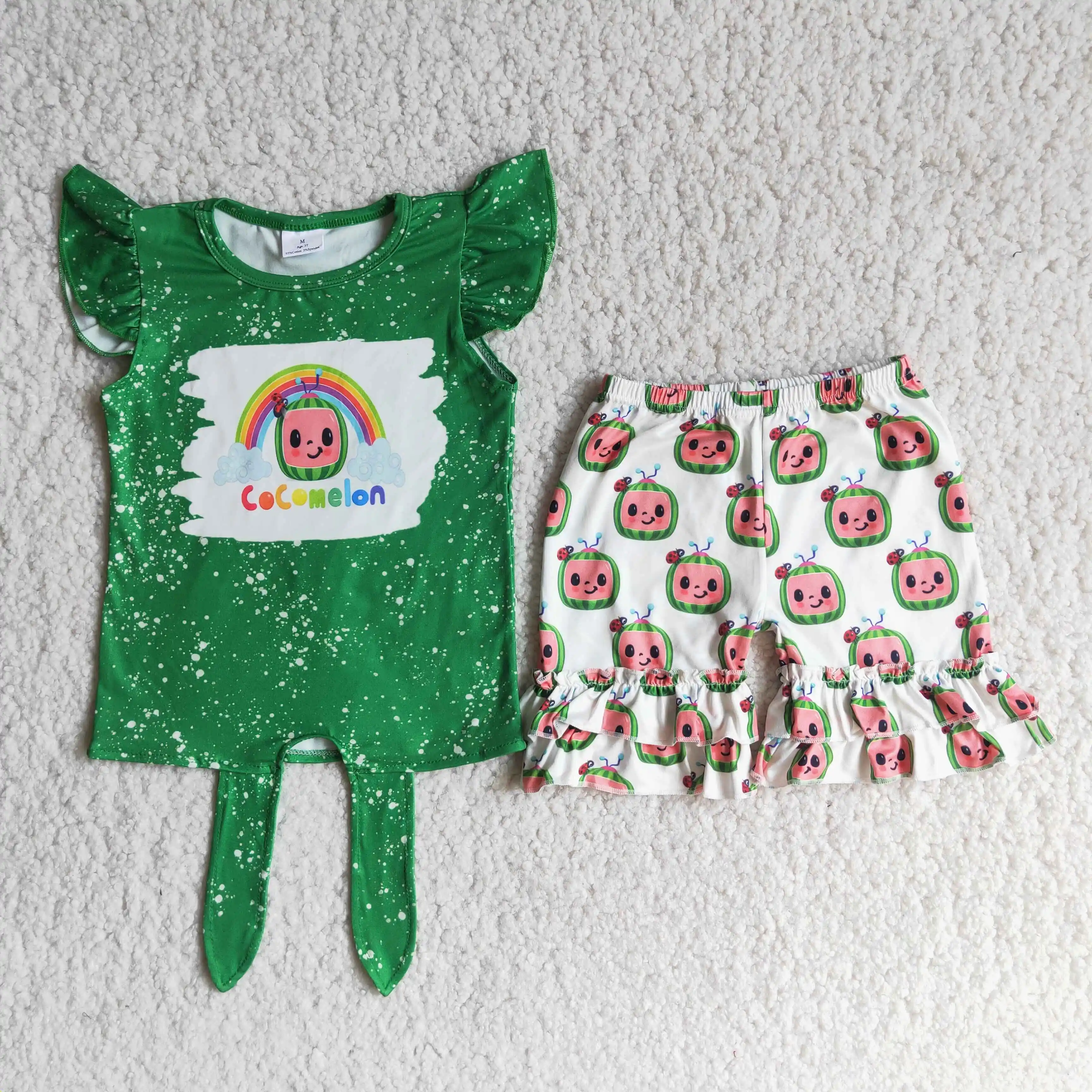 

Children Baby Girl Summer Two Pieces Outfits Green Cartoon Sleeveless Shirt Milk Silk Shorts