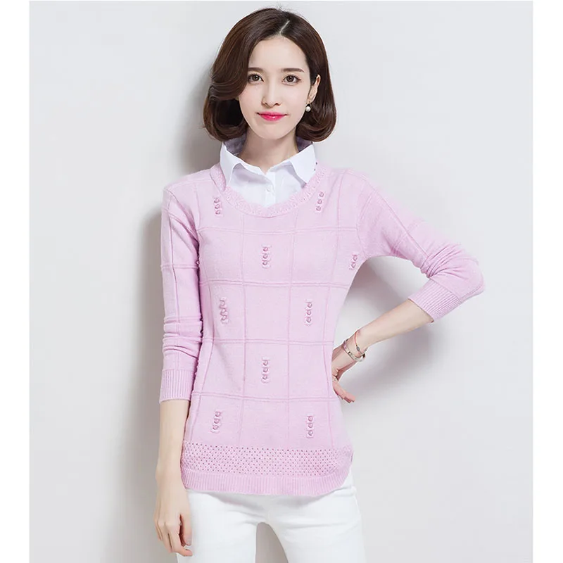 Autumn Winter Knitted Sweater Women Fashion Shirt Collar Fake Two Pieces Medium Length Pullovers Female Tops W1844 | Женская одежда