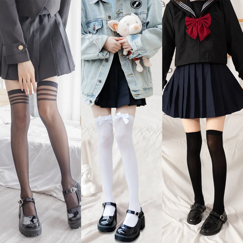 

Пикантные черные чулки LUCKY ZONE с бантом, женские летние тонкие белые носки до середины икры, японские носки выше колена, женские длинные носки