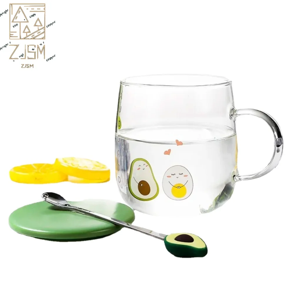 

400ml Avocado Glass Coffee Mug With Spoon and Lid Heat Resistant Ceramic Tea Cup Transparent Set Office Breakfast Friend Gift