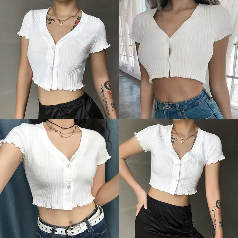 Женский сексуальный белый укороченный топ с коротким рукавом v образным вырезом