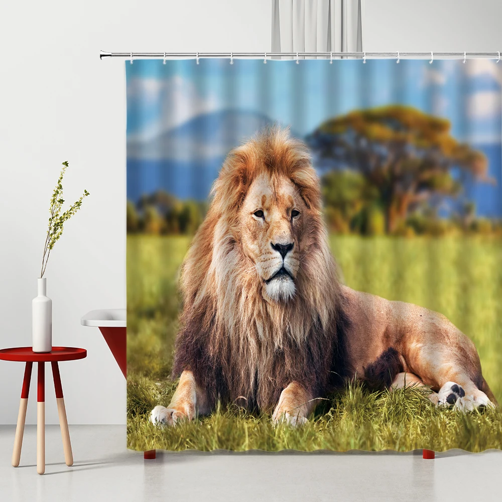

Африканский Лев, душевая занавеска, дикие животные, лес, декор для ванной, экран для ванной, моющаяся подвесная занавеска для дома и ванной, р...
