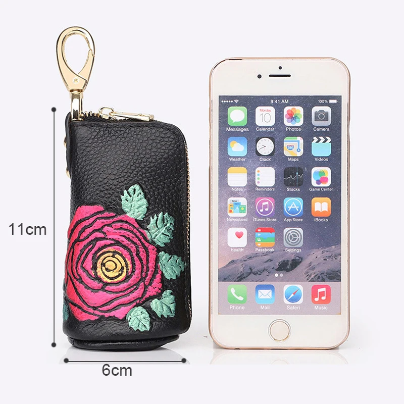 

Genuine Leather Women Key Wallet women Car Key Bag Keys Housekeeper Holders Rose Printing Cowhide Leather Zipper Purse Bag