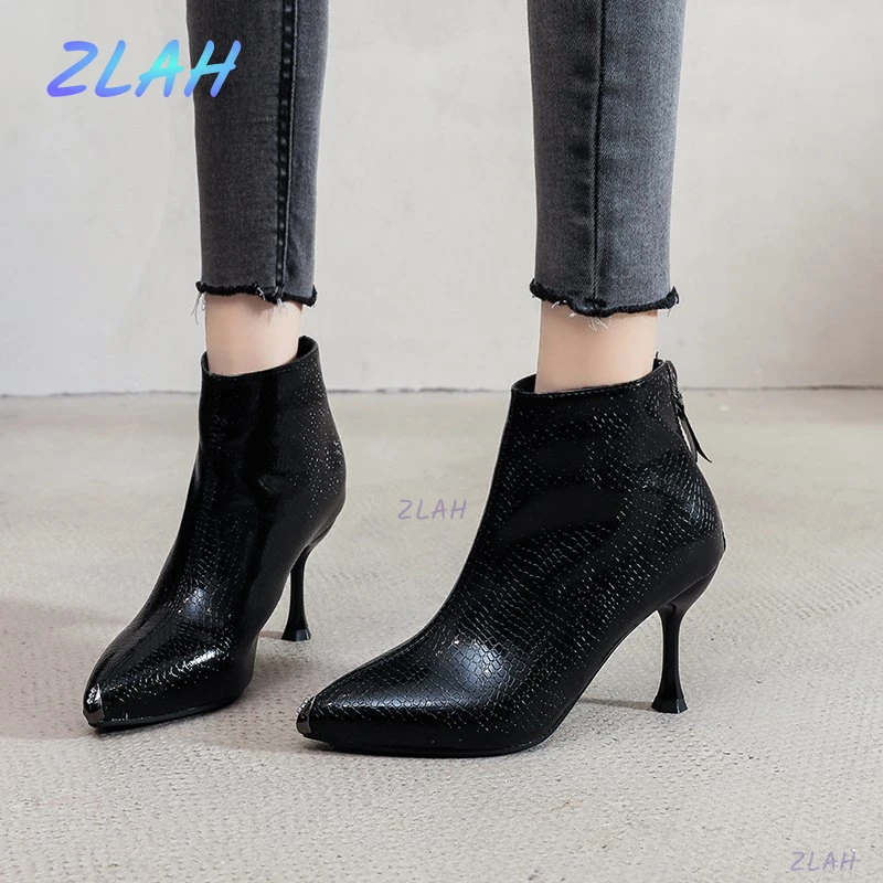 

New Female Fashion Short Boots Zlah Female Stiletto High Heel Boots Female Pointed Sexy High Heels Pure Color Casual Boots