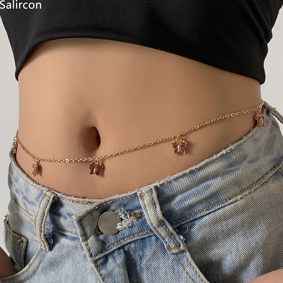 

Cute Rhinestone Butterfly Pendant Waist Chain Body Jewelry 2021 Trend Vacation Accessories Belly Belt Chain Women Jewelry Gifts
