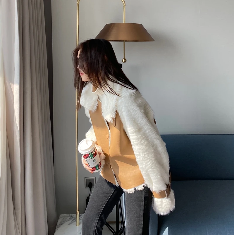 Женская замшевая куртка из искусственной овчины короткая мотоциклетная овечьей