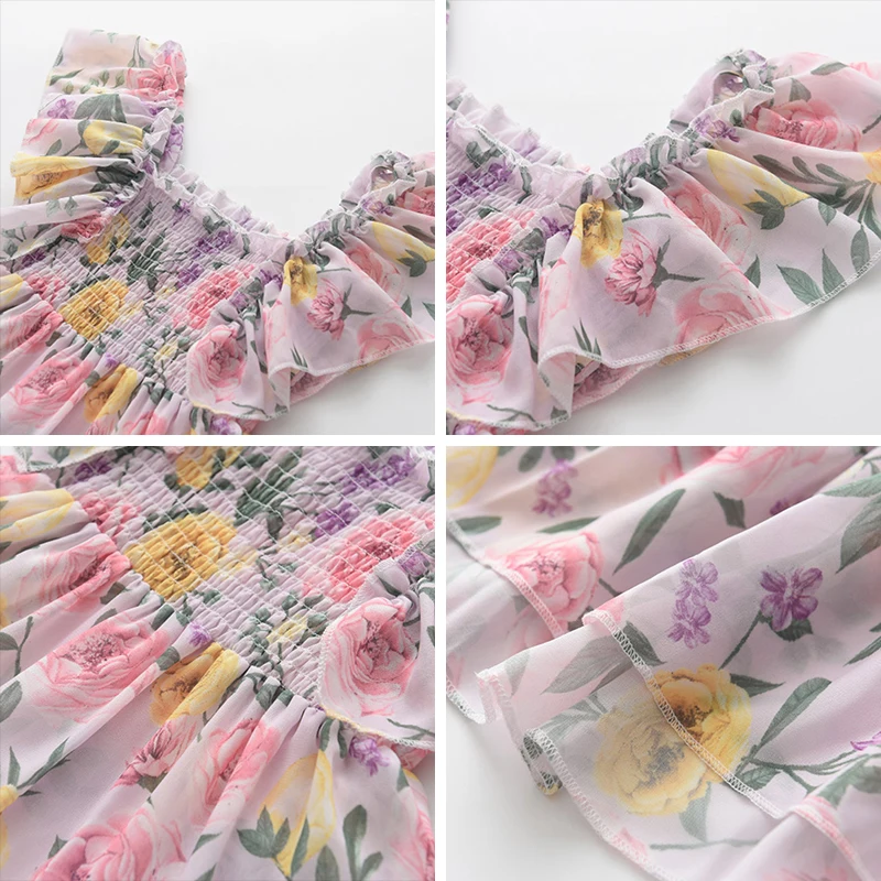 

Girls Casual Dress 2021 Summer Kids Costumes Flying Sleeve Toddler Holiday Party Vestidos Children Flowers Print Clothing