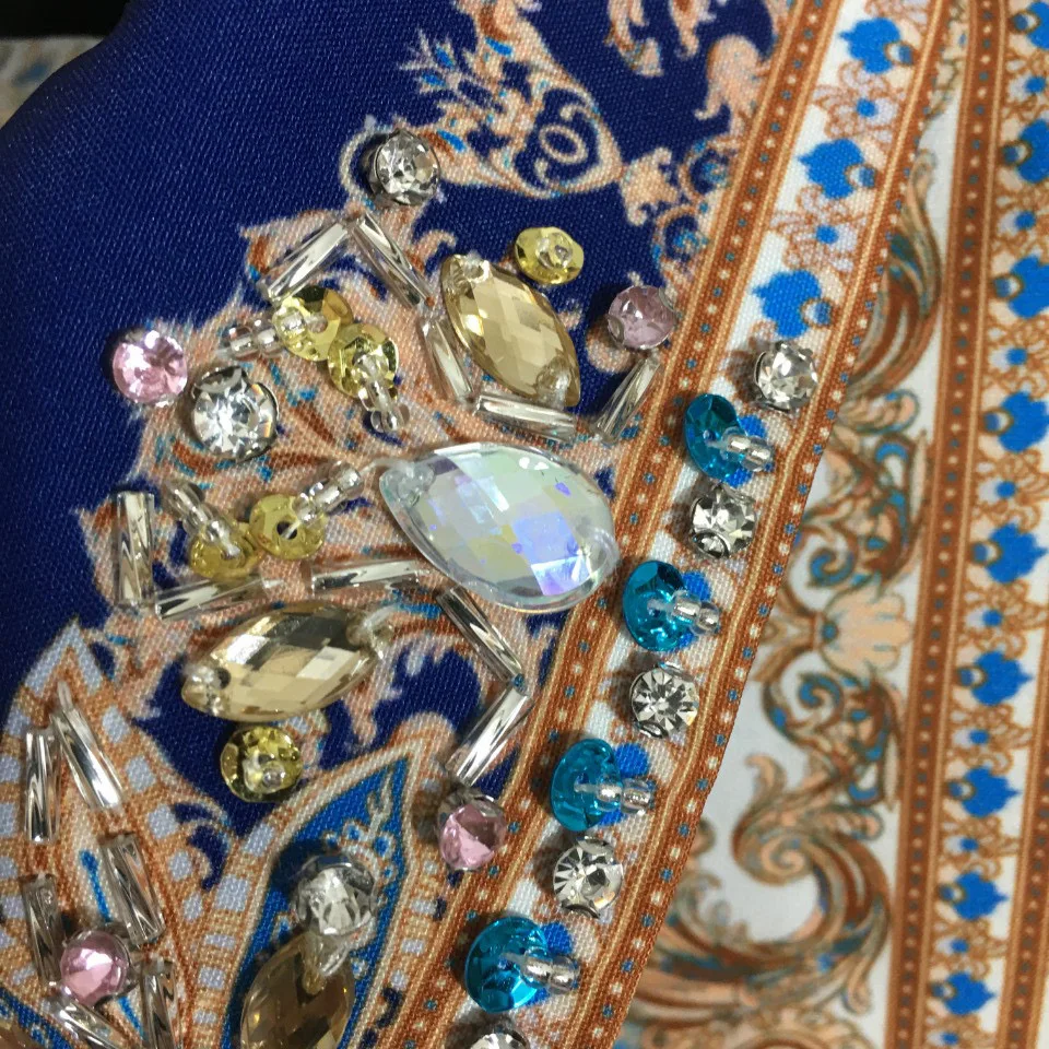 

High Quality Luxury Summer and Autumn Sexy Women's Retro Print Beaded Lapel Belt Waist Long Sleeve Dress