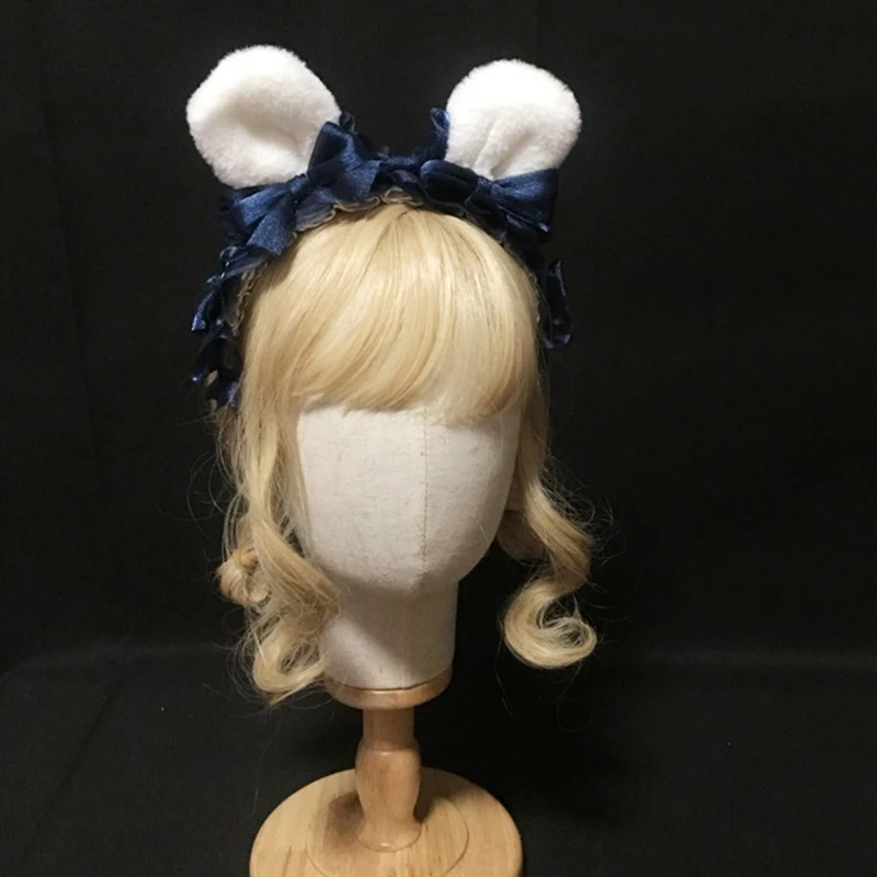 

H58E Lolita Bunny Bear Ears Headband Sweet Mesh Bowknot Lace Cosplay Wide Hair Hoop