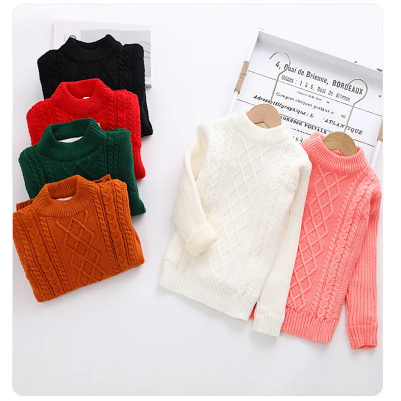 

Children's Sweaters for Boys Girls Turtleneck Knit Sweater Round Neck Thickened Plus Velvet Bottoming Shirt Tops Clothing