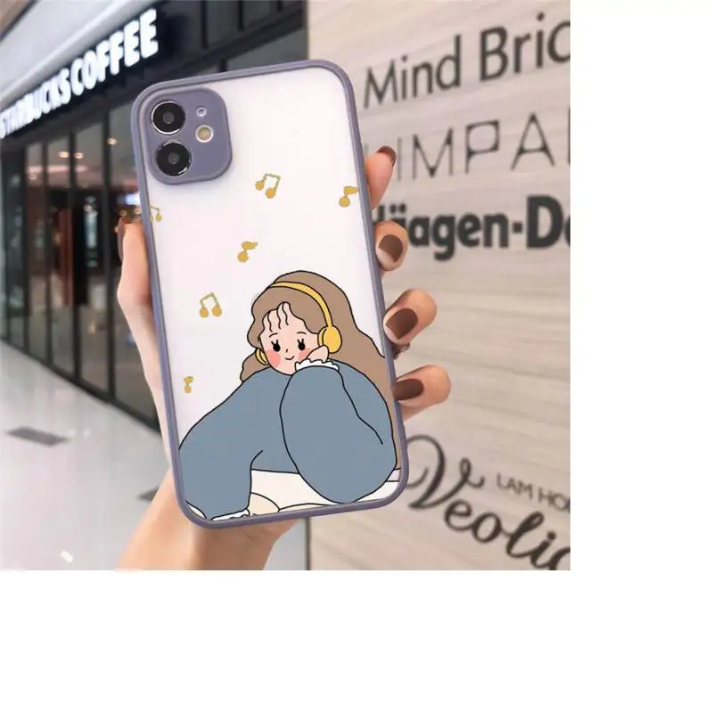 

Aesthetic cartoon girl Phone Case For iPhone 12 11 Mini Pro XR XS Max 7 8 Plus X Matte transparent Gray Back Cover