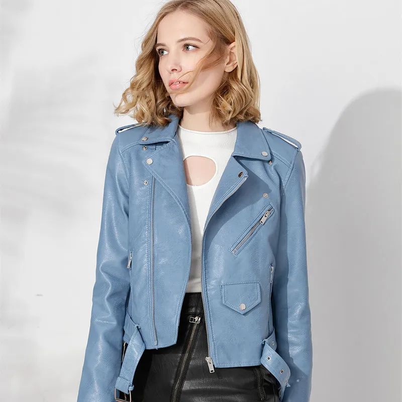 Куртка женская из искусственной кожи с длинным рукавом на молнии 2019|Кожаные