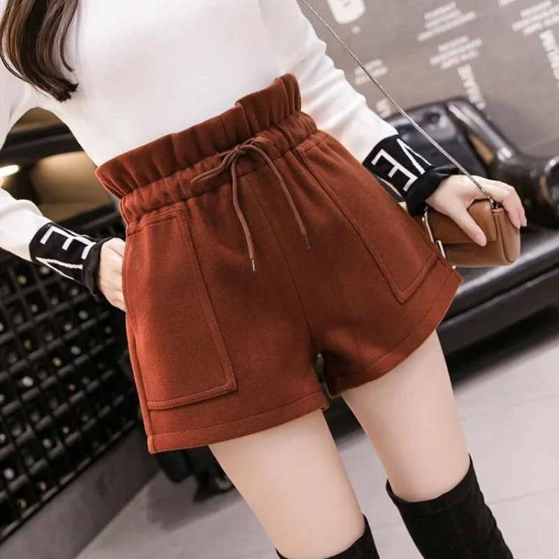 

Woolen Shorts Women Autumn Winter High Waist Korean Loose Slim Wide-leg Skorts Bottoming Thick Pants