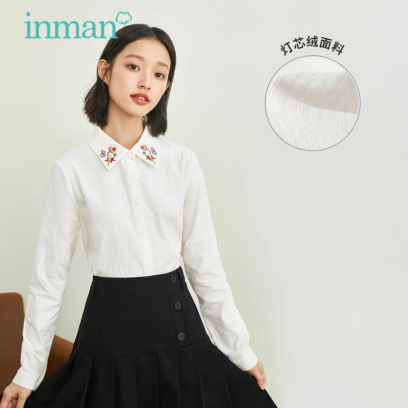 

INMAN Women's Blouse Autumn Winter Minimalist Casual Embroidered Lapel Traffic All-Match Pure Cotton Pearl White Shirt