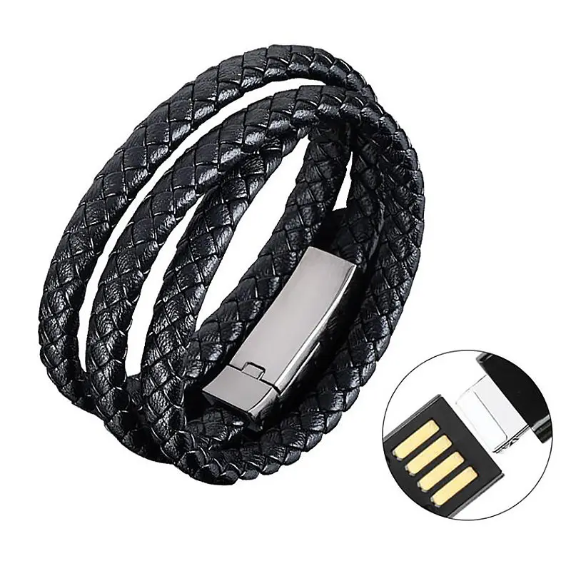 Black Кожаный Портативный Браслет usb зарядный кабель для передачи данных для iPhone 5 5S SE 6 6S 7 8 Plus телефон для iPhone X XS MAX адаптер зажигалка - Тип штекера: Black