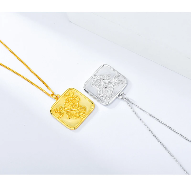 Kinel 925 Sterling Silver Rose Flower Pendant Jewelry European Retro Square Double Sided Embossed 18k Gold Plated Necklace Whole | Украшения