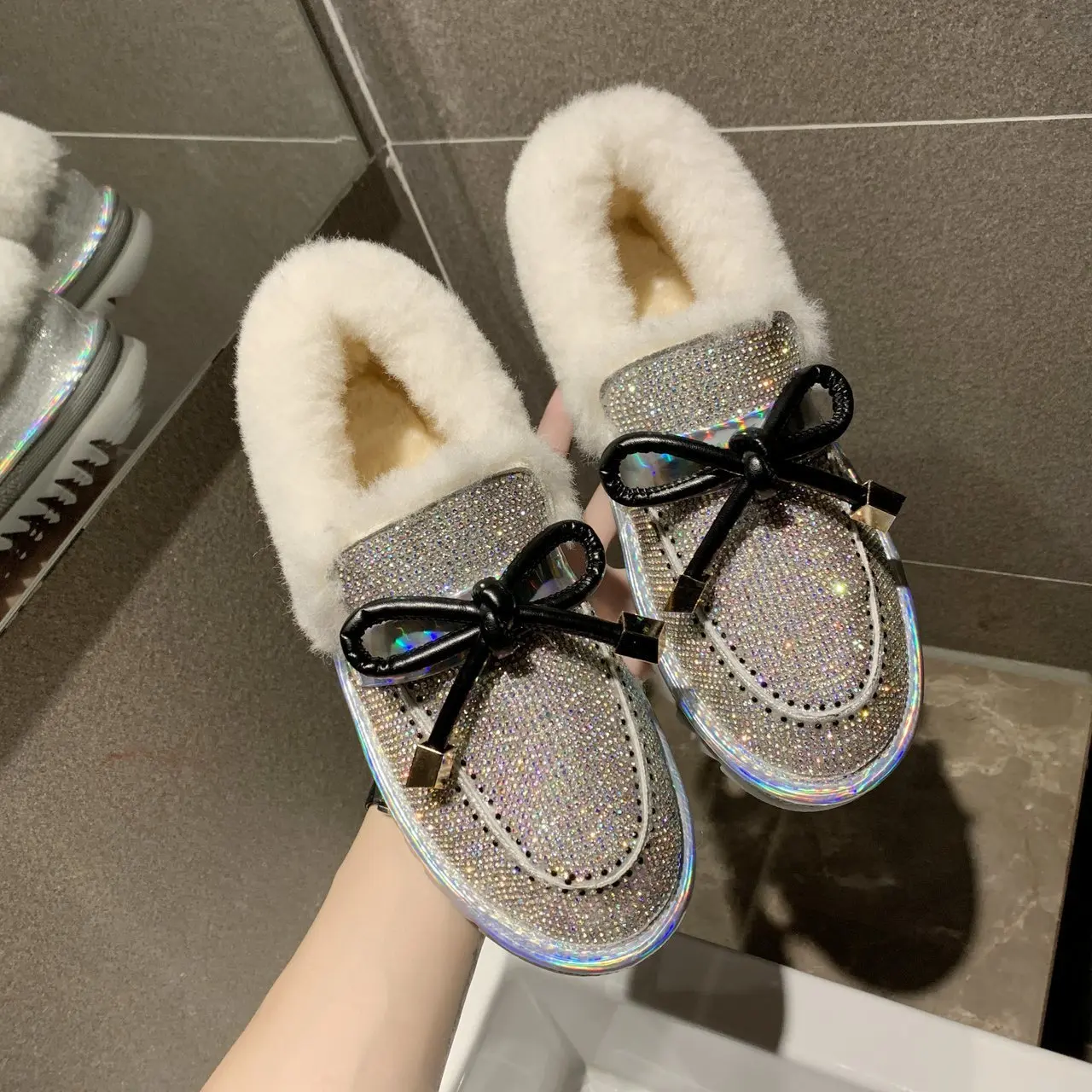 Зимние сапоги 2020 осень и зима Новый стразы с бантом на низком ходу толстой