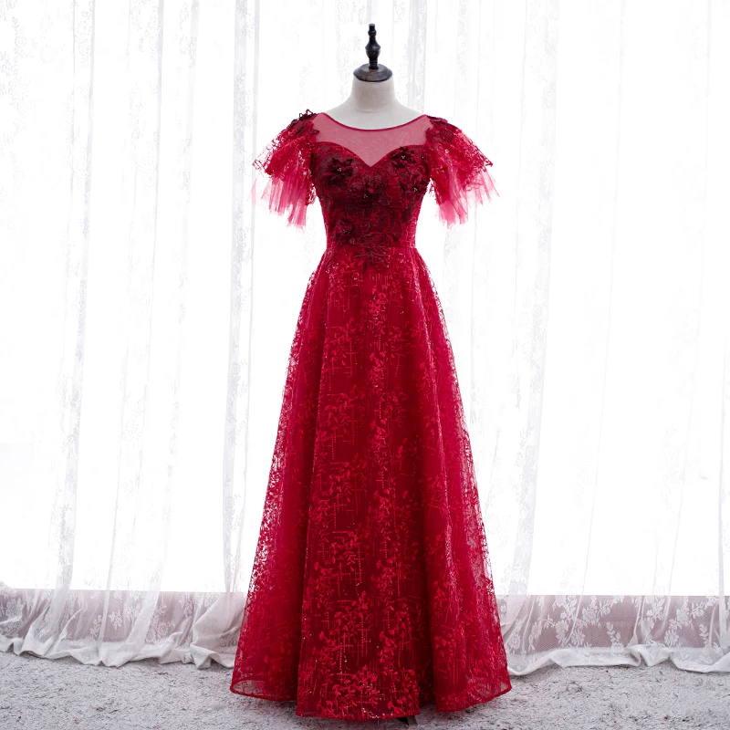 Bespoke Occasion Dresses O-Neck Short Appliques Pearls Embroidery Crystal Tulle Lace Luxury Red Women Formal Evening Gown HB252