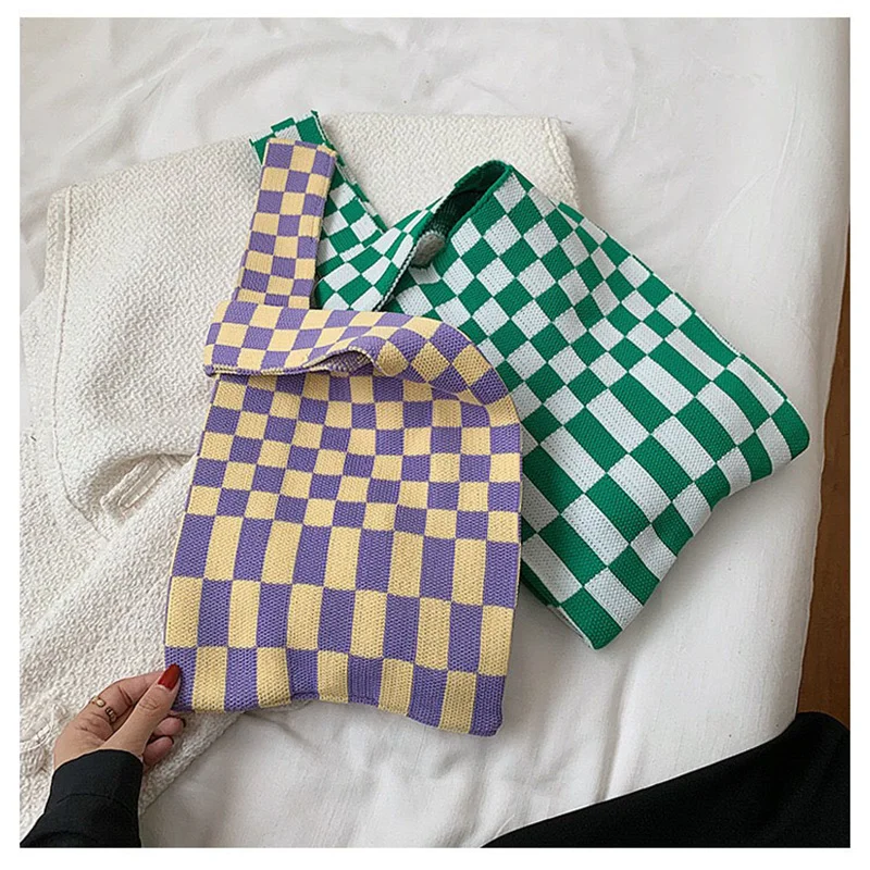 

Fashion Women Chessboard Pattern Lattice Crochet Vest Shape Tote Handbag Contrast Color Knitting Shoulder Bags