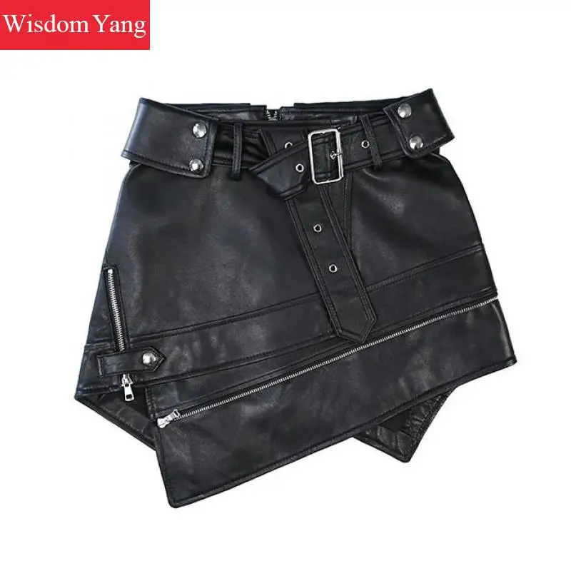 Осенняя юбка из натуральной овечьей кожи мотоциклетные Асимметричные мини-юбки