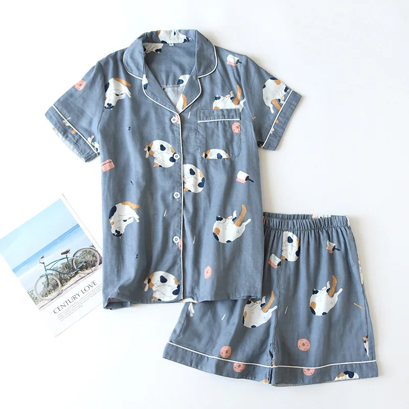 Summer Couple Pajamas Set Cotton Gauze Soft Short-sleeved Sleepwear with Shorts Thin Comfortable Cartoon Men/women Cool Homewear