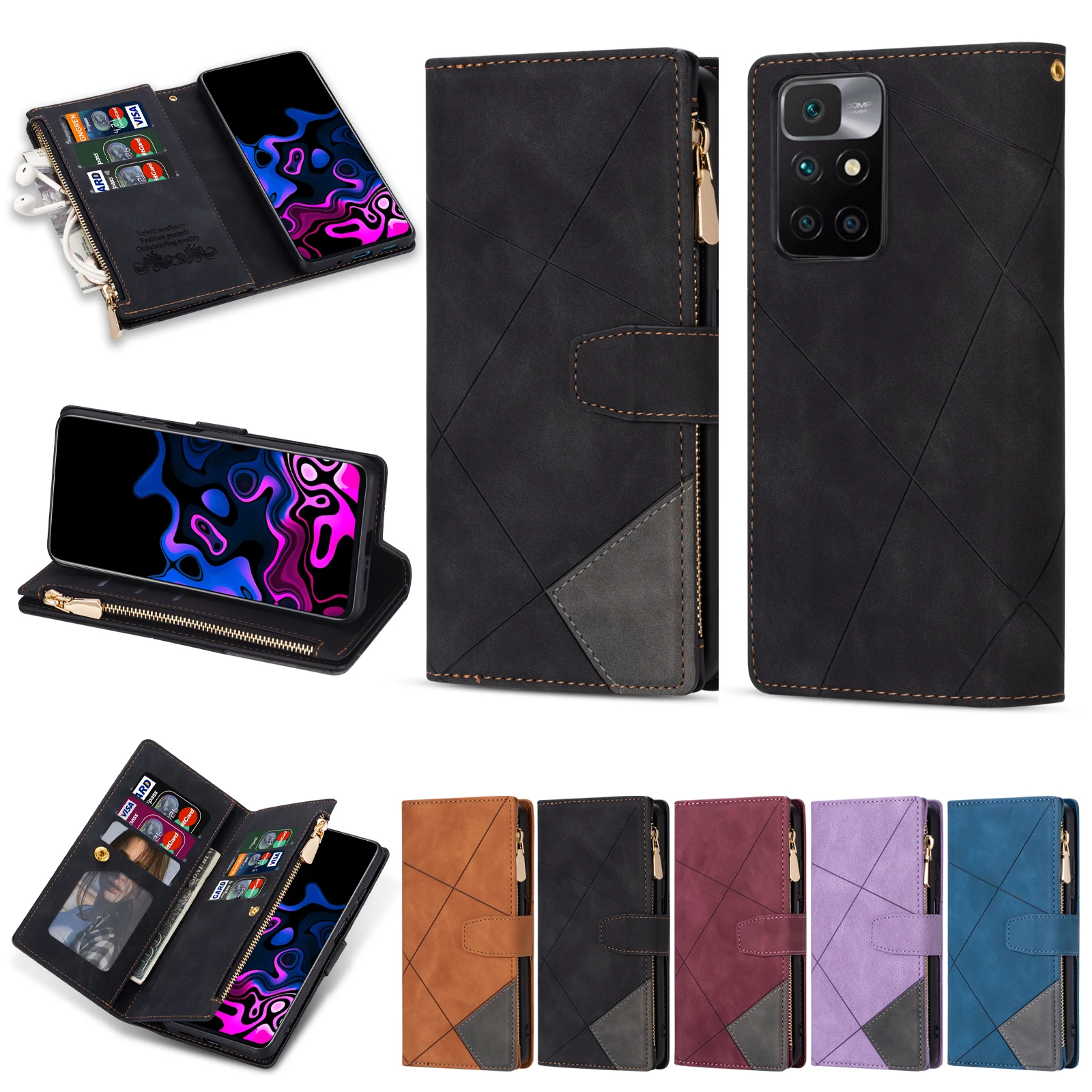 

Cover For Samsung Galaxy S8 S9 S10+ S20 S21 S22 Note 8 9 10 20 Ultra Line Splicing Multi-function Wallet Zipper PU Leather Case