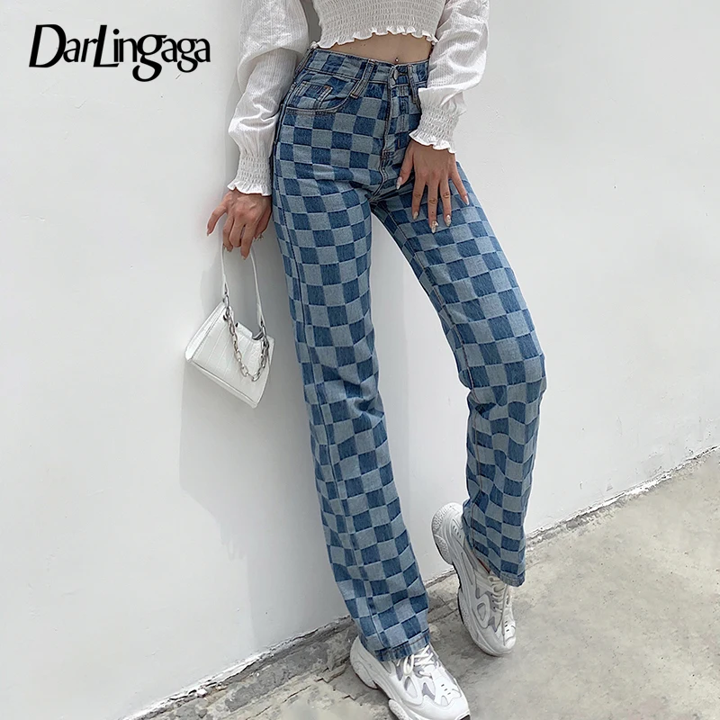 Джинсы Darlingaga женские в клетку винтажные прямые длинные брюки с завышенной талией
