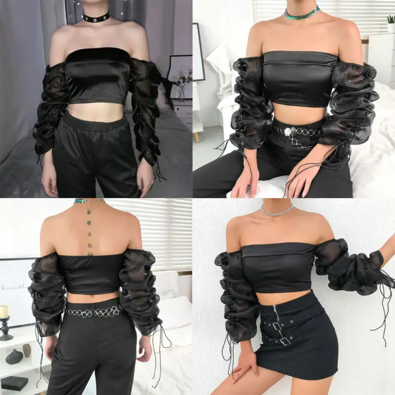 Осенние Винтажные Футболки женские модные с открытыми плечами пышными длинными