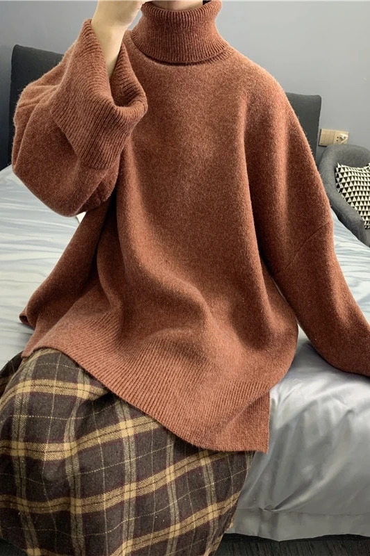 Женский вязаный пуловер с высоким воротником DEAT Свободный теплый однотонный в
