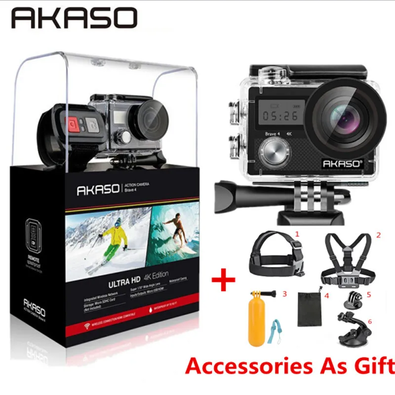 add accessories AKASO Brave 4 Экшн-камера Ultra HD 4K WiFi 2,0 дюймов 170D 20MP Подводная Водонепроницаемая камера на шлем Спортивная камера селфи палка подарок - Цвет: add accessories